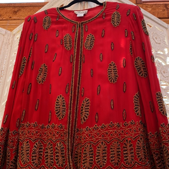 Glamorous red silk  embellished Silk women’s vintage jacket-Medium - Picture 6 of 16
